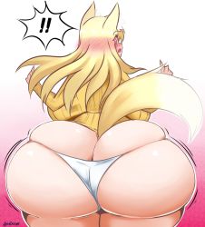 Rule 34 | !, !!, 1girl, alphaerasure, animal ear fluff, animal ears, artist name, ass, ass expansion, backboob, blonde hair, blush, borrowed character, breasts, butt crack, cowboy shot, d:, fox ears, fox girl, fox tail, from behind, full-face blush, gradient background, highres, huge ass, huge breasts, long hair, long sleeves, looking back, motion lines, no pants, open mouth, original, panties, pink background, plump, ribbed sweater, signature, skindentation, solo, surprised, surprised arms, sweater, tail, thick thighs, thighs, underwear, white panties, yellow sweater, yuzuno (futon)