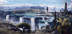 Rule 34 | 1girl, blue sky, bow (weapon), cloud, day, fog, highres, lake, nature, original, outdoors, river, scenery, sky, solo, standing, swav, water, waterfall, weapon