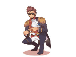 Rule 34 | 1boy, beard, blue eyes, boots, brown hair, epaulettes, facial hair, fate/grand order, fate (series), glasses, highres, long sideburns, long sleeves, looking at viewer, male focus, military, military uniform, napoleon bonaparte (fate), pants, shoes, simple background, smile, solo, squatting, uniform, unower s, victory pose