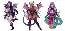 Rule 34 | 3girls, aqua eyes, armlet, bare shoulders, bat wings, blush, boots, breasts, bridal gauntlets, capelet, claws, cleavage, cleavage cutout, clothing cutout, colored skin, covered erect nipples, covered navel, curvy, dark-skinned female, dark skin, demon girl, demon tail, demon wings, fang, gloves, green skin, grey skin, hair ornament, hairclip, hand on own hip, high heel boots, high heels, horns, huge breasts, lamia, large areolae, long hair, masa ani, monster girl, multiple girls, navel, navel cutout, original, pointy ears, purple eyes, purple hair, red eyes, see-through, shiny skin, sidelocks, simple background, solid eyes, tail, thighhighs, tiara, vampire, very long hair, white background, white hair, wings