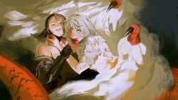 Rule 34 | 2girls, bare shoulders, black gloves, blonde hair, blood, blood on face, chimera, closed eyes, completely nude, constricted pupils, dragon tail, dungeon meshi, elbow gloves, falin touden, falin touden (chimera), feathers, gloves, hand on another&#039;s head, highres, long hair, marcille donato, marcille donato (lord), monster girl, multiple girls, nude, official alternate costume, short hair, sleeveless, spoilers, sweatdrop, tail, white feathers, wide-eyed, yellow eyes, yoohkei