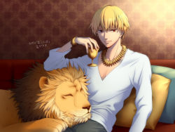 Rule 34 | 1boy, blonde hair, bracelet, casual, chalice, couch, cup, fate/zero, fate (series), gilgamesh (fate), jewelry, kayu, lion, male focus, necklace, official alternate costume, pillow, red eyes, solo