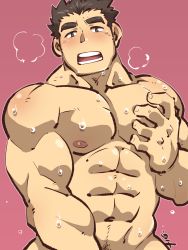 Rule 34 | 1boy, abs, bara, blush, breath, brown hair, highres, implied masturbation, large pectorals, looking at another, looking at viewer, male focus, male masturbation, protagonist 3 (housamo), masturbation, muscular, navel, nipples, open mouth, pectorals, shirako (kirupi), simple background, solo, sweat, thick eyebrows, tokyo houkago summoners, upper body