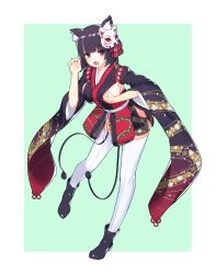 Rule 34 | 1girl, :d, absurdres, azur lane, black footwear, black hair, blush, boots, border, breasts, cat mask, claw pose, fang, full body, grabbing own breast, green background, highres, japanese clothes, kimono, kimono skirt, long sleeves, looking at viewer, mask, mask on head, medium hair, open mouth, pepper0, red eyes, sideboob, skin fang, smile, solo, standing, standing on one leg, thighhighs, white border, white thighhighs, wide sleeves, yamashiro (azur lane)