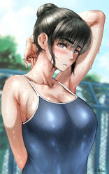 Rule 34 | 1girl, arm behind back, arm behind head, black hair, blue eyes, blush, breasts, cleavage, collarbone, competition school swimsuit, day, hair bun, large breasts, looking at viewer, one-piece swimsuit, original, outdoors, school swimsuit, sgk, single hair bun, solo, swimsuit, wet