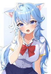 Rule 34 | 1girl, :o, absurdres, ahoge, animal ear fluff, animal ears, blue eyes, blue hair, blue skirt, blush, bow, bowtie, breasts, cat ears, collared shirt, dress shirt, hair between eyes, hand up, highres, indie virtual youtuber, kanase ito, large breasts, long hair, looking at viewer, red bow, red bowtie, school uniform, shirt, short sleeves, simple background, skirt, solo, tate yukimi, upper body, very long hair, virtual youtuber, white background, white shirt