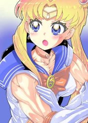 Rule 34 | 1girl, :o, bare arms, bare shoulders, biceps, bishoujo senshi sailor moon, blonde hair, blue eyes, blue sailor collar, bow, bowtie, choker, circlet, crescent, crescent earrings, diadem, earrings, endou-san, flexing, furrowed brow, hair over shoulder, heart, heart choker, jewelry, long hair, looking to the side, meme, muscular, muscular female, open mouth, parted bangs, red choker, sailor collar, sailor moon, sailor moon redraw challenge (meme), sailor senshi uniform, shirt, sleeveless, sleeveless shirt, solo, twintails, upper body