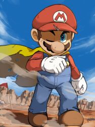 Rule 34 | 1boy, blue eyes, blue sky, brown hair, cape, cape mario, dust, facial hair, flag, flagpole, full body, gloves, hat, highres, male focus, mario, mario (series), mustache, nintendo, one eye closed, outdoors, overalls, red hat, sky, standing, super mario world, torn cape, torn clothes, torn hat, ya mari 6363