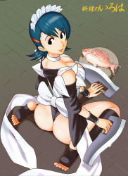 Rule 34 | 1girl, apron, artist request, ass, black eyes, black leotard, blue hair, breasts, butterfly swords, fish, fish (food), flipped hair, floor, food, full body, highleg, highleg leotard, holding, holding weapon, iroha (samurai spirits), kneeling, large breasts, leotard, leotard under clothes, lips, looking back, maid, maid headdress, revealing clothes, samurai spirits, shiny skin, sitting, skindentation, smile, solo, thong leotard, translation request, weapon, white apron, wide hips, wooden floor