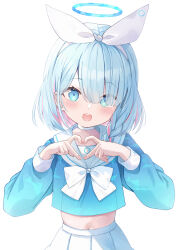 Rule 34 | 1girl, arona (blue archive), blue archive, blue eyes, blue hair, blue halo, blush, braid, choker, colored inner hair, hair over one eye, halo, heart, heart hands, highres, long sleeves, looking at viewer, multicolored hair, navel, open mouth, pink hair, pleated skirt, saeki sora, sailor collar, short hair, simple background, single braid, skirt, solo, white background, white choker, white sailor collar, white skirt