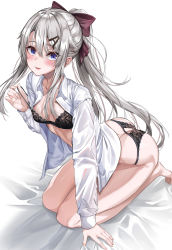 Rule 34 | 1girl, 9a-91 (girls&#039; frontline), absurdres, alternate costume, ass, bed, black bra, black panties, blue eyes, blush, bow, bra, bra strap, breasts, butt crack, collarbone, duplicate, full body, girls&#039; frontline, grey hair, hair between eyes, hair bow, hair ornament, hairclip, highres, holding strap, long hair, looking at viewer, medium breasts, nail polish, open clothes, open mouth, open shirt, panties, parted lips, pink nails, pixel-perfect duplicate, ponytail, red bow, seiza, shirt, sitting, smile, so myeolchi, solo, strap pull, thighs, underwear, white background, white shirt