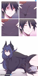 Rule 34 | 1boy, 1girl, artist name, ass, black hair, black sweater, blue hair, borrowed character, breasts, butter sugoi, comic, commentary, covered erect nipples, english commentary, facebook logo, frown, highres, horns, large breasts, lying, on side, original, purple eyes, red eyes, scissorhold, silent comic, smile, sweatdrop, sweater, thighs, turn pale, turtleneck, turtleneck sweater
