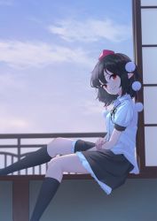 Rule 34 | 1girl, between legs, black hair, black ribbon, black skirt, black socks, blue sky, cloud, collared shirt, commentary request, evening, feet out of frame, frilled skirt, frills, hair between eyes, hand on own arm, hat, head tilt, highres, indoors, kanpa (campagne 9), kneehighs, looking at viewer, looking to the side, no wings, pointy ears, pom pom (clothes), railing, red eyes, ribbon, shameimaru aya, shirt, short hair, shouji, sitting, sitting in window, skirt, sky, sliding doors, socks, solo, sunset, tokin hat, touhou, veranda, white shirt, wing collar