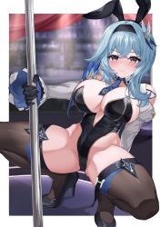 Rule 34 | absurdres, animal ears, bare shoulders, black leotard, blue hair, blue necktie, blush, breasts, closed mouth, eula (genshin impact), full body, genshin impact, hairband, high heels, highleg, highleg leotard, highres, large breasts, leotard, long sleeves, mz (yeye ai chipao mian), necktie, playboy bunny, pole, pole dancing, rabbit ears, spread legs, squatting, thick thighs, thighhighs, thighs, wide sleeves