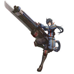 Rule 34 | 00s, 10s, 1girl, ahoge, armor, blue eyes, blue hair, greaves, gunblade, hair ribbon, huge weapon, imca, knee pads, long hair, matching hair/eyes, military, military uniform, ponytail, project x zone, ribbon, sega, senjou no valkyria, senjou no valkyria (series), senjou no valkyria 3, simple background, solo, uniform, var, weapon, white background