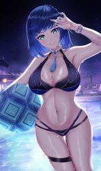 Rule 34 | 1girl, absurdres, armpits, ball, beach chair, beach umbrella, beachball, bikini, black bikini, black hair, blue bikini, blue hair, bracelet, braid, breasts, cleavage, collarbone, diagonal bangs, dice, dutch angle, genshin impact, green eyes, highres, holding, holding ball, holding beachball, jewelry, large breasts, looking at viewer, mole, mole on breast, multicolored hair, nail polish, navel, neck tassel, night, night sky, parted lips, partially submerged, rayleigh scale, reflection, reflective water, short hair, sky, smile, solo, star (sky), starry sky, swimsuit, thigh strap, two-tone bikini, two-tone hair, umbrella, wet, yelan (genshin impact)