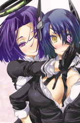 Rule 34 | 10s, 2girls, between breasts, between legs, blue eyes, blush, breasts, dress shirt, eyepatch, gloves, hair ornament, halo, hand on another&#039;s cheek, hand on another&#039;s face, hug, hug from behind, kantai collection, large breasts, mechanical halo, multiple girls, purple eyes, purple hair, shirt, short hair, smile, tatsuta (kancolle), tenryuu (kancolle), yellow eyes, yohane, yuri