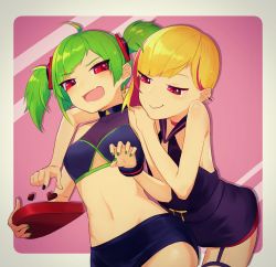 Rule 34 | 2girls, ahoge, artist request, bare shoulders, black nails, blonde hair, box, box of chocolates, bracelet, candy, chocolate, chocolate heart, choker, clothing cutout, commentary request, delruki, delutaya, dress, earrings, fangs, fingernails, food, garter straps, green eyes, green nails, halterneck, heart, heart-shaped box, highres, indie virtual youtuber, jewelry, kiruno ruki, midriff, multiple girls, nail polish, navel, open mouth, pink hair, purple eyes, red eyes, skin fangs, skirt, smile, triangle earrings, triangle hair ornament, twintails, underboob cutout, valentine, virtual youtuber, yuri