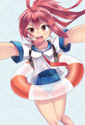 Rule 34 | 10s, 1girl, blue one-piece swimsuit, hair ribbon, i-168 (kancolle), innertube, ishizu kayu, kantai collection, long hair, looking at viewer, neckerchief, one-piece swimsuit, open mouth, polka dot, polka dot background, ponytail, pov, red hair, red neckerchief, ribbon, school swimsuit, school uniform, serafuku, solo, swim ring, swimsuit, swimsuit under clothes, thigh gap