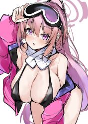 Rule 34 | 1girl, bikini, black bikini, blue archive, breasts, cleavage, eimi (blue archive), eimi (swimsuit) (blue archive), goggles, goggles on head, highres, large breasts, long hair, looking at viewer, mutou mame, pink eyes, pink hair, solo, swimsuit, very long hair