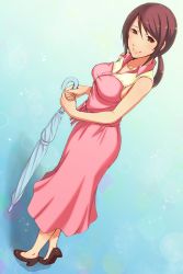 Rule 34 | 10s, 1girl, bare arms, black footwear, blue background, blush, breasts, brown eyes, brown hair, closed umbrella, dress, from above, from side, full body, gradient background, highres, holding, holding umbrella, idolmaster, idolmaster cinderella girls, loky, long dress, long hair, looking at viewer, low ponytail, mifune miyu, pink dress, ponytail, shoes, sleeveless, sleeveless dress, smile, solo, sparkle, standing, umbrella, wing collar
