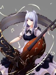 Rule 34 | 1girl, absurdres, animal ears, bad id, bad pixiv id, blue eyes, bow (music), cello, dress, grey background, highres, instrument, looking at viewer, music, musical note, original, piano print, playing instrument, scroll, see n, silver hair, standing