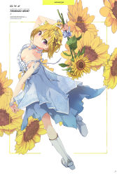 Rule 34 | 1girl, ahoge, bare shoulders, blonde hair, blush, boots, bow, breasts, character name, choker, cleavage, closed mouth, collarbone, dated, dress, flower, from behind, full body, hair between eyes, hair bow, hair ornament, high heel boots, high heels, highres, holding, holding flower, ibuki tsubasa, idolmaster, idolmaster million live!, idolmaster million live! theater days, looking at viewer, medium breasts, short hair, simple background, smile, solo, standing, standing on one leg, sunflower, white background, white choker, white dress, white footwear, yellow bow, yellow flower, yoshito