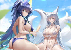 Rule 34 | + +, 2girls, absurdres, animal ear fluff, animal ears, ass, azur lane, bare shoulders, bikini, blue bikini, blue eyes, blue hair, blue sky, blush, breasts, butt crack, choker, cleavage, cloud, collarbone, commentary, covered erect nipples, day, drooling, food, fox ears, fox girl, fox tail, front-tie bikini top, front-tie top, grey hair, hair between eyes, hair intakes, hair ornament, heart, heart-shaped pupils, highres, holding, holding food, holding popsicle, huge breasts, irkawaza, kitsune, kyuubi, large breasts, large tail, long hair, looking at viewer, multiple girls, multiple tails, navel, new jersey (azur lane), new jersey (midsummer leisure) (azur lane), o-ring, o-ring bikini, ocean, official alternate costume, outdoors, parted lips, ponytail, popsicle, purple eyes, shinano (azur lane), shinano (dreamy white sands) (azur lane), sidelocks, sitting, sky, smile, stomach, swimsuit, symbol-shaped pupils, tail, tongue, tongue out, twitter username, very long hair, white bikini, white choker, white tail