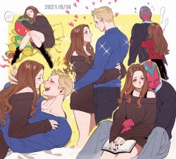 Rule 34 | 1boy, 1girl, android, animification, blonde hair, blush, brown hair, closed eyes, commentary, couple, dated, dress, dual persona, green eyes, grey pants, heart, highres, jacket, long hair, long sleeves, marvel, marvel cinematic universe, open mouth, pants, qin (7833198), red jacket, short hair, smile, sweater, sweater dress, symbol-only commentary, vision (marvel), wanda maximoff, wandavision