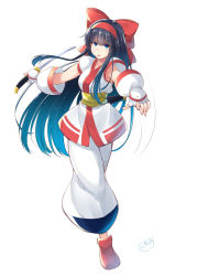 Rule 34 | 1girl, ainu clothes, black hair, blue eyes, breasts, c.r., fingerless gloves, gloves, highres, large breasts, legs, long hair, looking at viewer, nakoruru, open mouth, pants, samurai spirits, serious, snk, solo, the king of fighters, thighs, very long hair, weapon