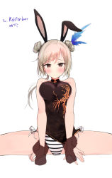 Rule 34 | 1girl, aak, animal ears, arm grab, bad id, bad pixiv id, bikini, black dress, blade &amp; soul, blush, breasts, brown eyes, china dress, chinese clothes, closed mouth, collarbone, commission, double bun, dress, hair bun, hair ornament, half-closed eyes, holding another&#039;s wrist, large breasts, out of frame, pov, rabbit ears, short dress, short hair with long locks, side slit, sidelocks, silver hair, simple background, sitting, solo focus, spread legs, striped bikini, striped clothes, swept bangs, swimsuit, thighs, white background