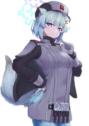 Rule 34 | 1girl, absurdres, animal ears, blue archive, breasts, capelet, fur-trimmed capelet, fur hat, fur trim, gloves, green hair, grey gloves, grey hat, hair ornament, hairclip, halo, hat, highres, hip flask, holding, index finger raised, long sleeves, looking at viewer, medium breasts, parted lips, purple eyes, shigure (blue archive), short hair, simple background, solo, tail, ushanka, white background, yakishio (yakishio 236)
