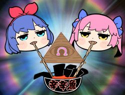 Rule 34 | 2girls, bkub, blue bow, blue eyes, blue hair, blush, blush stickers, bow, bowl, commentary, cup ramen, eating, eye of providence, food, hair bow, hair ribbon, hairband, half-closed eyes, instant ramen, jitome, multicolored background, multiple girls, noodles, nori (seaweed), omega rei, omega rio, omega sisters, omega symbol, open mouth, pink hair, portrait, pyramid (structure), red hairband, red ribbon, ribbon, short hair, translated, twintails, virtual youtuber, yellow eyes
