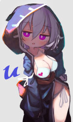 Rule 34 | 1girl, absurdres, bikini, black hoodie, breasts, chii (tsumami tsumamare), cleavage, commentary, grey background, grey hair, hair between eyes, heart, heart print, highres, hood, hoodie, large breasts, looking at viewer, open mouth, original, purple eyes, short hair, simple background, solo, standing, swimsuit, white bikini