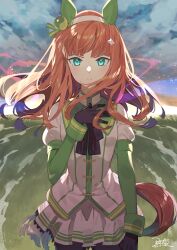 Rule 34 | 1girl, black gloves, blush, bow, bowtie, breasts, closed mouth, cloud, cowboy shot, dated, ear covers, gloves, green eyes, hairband, hand on own chest, high collar, highres, horizon, horse girl, horse tail, jacket, long hair, long sleeves, nao (syn eaa), orange hair, outdoors, pantyhose, signature, silence suzuka (umamusume), skirt, small breasts, solo, standing, tail, umamusume, white jacket, white skirt, wind