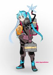 Rule 34 | 1girl, backpack, bag, boots, briefcase, carrying, clip studio paint, death stranding, gloves, gremlinbon, hatsune miku, highres, jumpsuit, knee pads, looking at viewer, odradek, ornament, parody, pink gloves, solo, spring onion, standing, strap, tube, twintails, vocaloid
