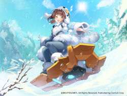 Rule 34 | 1girl, :d, apple caramel, black footwear, blue sky, boots, branch, breasts, brown eyes, brown hair, character request, cloud, collared shirt, commentary request, day, dress shirt, fang, fur hat, gloves, grey hat, grey pantyhose, half gloves, hat, highres, long hair, long sleeves, medium breasts, official art, open mouth, outdoors, pantyhose, shirt, sky, smile, snow, snowboard, snowboarding, solo, starseed: asnia trigger, sun, tree, white gloves, white shirt, wide sleeves