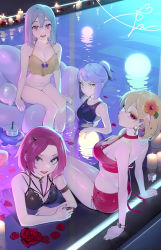 Rule 34 | 4girls, :d, arm support, armband, bare arms, bare shoulders, bikini, black choker, blonde hair, breasts, choker, cleavage, closed mouth, copyright request, cup, drinking straw, earrings, eyelashes, eyeshadow, fingernails, floating lights, flower, grey hair, grey nails, hair flower, hair ornament, highres, horns, inflatable chair, jewelry, lamp, large breasts, leaning back, leaning forward, looking at viewer, makeup, medium breasts, medium hair, multiple girls, nail polish, navel, ohisashiburi, one-piece swimsuit, open mouth, orange eyes, orange flower, partially submerged, petals, ponytail, pool, poolside, purple eyes, purple hair, purple one-piece swimsuit, red bikini, red choker, red eyes, red flower, red hair, red nails, red rose, ring, rose, rose petals, short hair, signature, smile, swimsuit, wading, watch, white bikini, wristwatch, yellow eyes