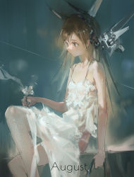 Rule 34 | 1girl, absurdres, arm support, bare arms, blue background, brown hair, chinese commentary, closed mouth, commentary, commentary request, dress, english commentary, english text, feet out of frame, flower, headgear, highres, holding, holding flower, long hair, mixed-language commentary, original, profile, sad, see-through, see-through legwear, sitting, sleeveless, sleeveless dress, solo, white dress, white flower, white legwear, zygocactus