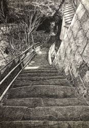 Rule 34 | commentary request, crosshatching, greyscale, hatching (texture), highres, ibsukionsen, monochrome, no humans, original, outdoors, railing, scenery, stairs, stone wall, traditional media, tree, wall