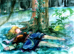 Rule 34 | 1girl, analog kenshi (moto), bad id, bad pixiv id, bare legs, blonde hair, female focus, graphite (medium), green eyes, lying, mizuhashi parsee, on back, painting (medium), partially submerged, pointy ears, solo, submerged, touhou, traditional media, tree, water, watercolor (medium)