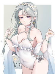 Rule 34 | 1girl, absurdres, asymmetrical bangs, border, breasts, casual one-piece swimsuit, choker, covered erect nipples, covered navel, earrings, grey background, grey hair, hairband, highres, jewelry, jiangyou dang, kantai collection, lips, long hair, looking at viewer, medium breasts, official alternate costume, one-piece swimsuit, purple eyes, sagiri (kancolle), shawl, solo, swept bangs, swimsuit, white border, white choker