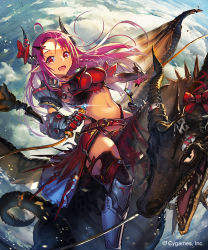 Rule 34 | 10s, 1girl, boots, cloud, dragon, horns, long hair, looking at viewer, midriff, navel, pink hair, pointy ears, red eyes, riding, shingeki no bahamut, solo, thigh boots, thighhighs, weapon, yui (niikyouzou)