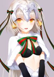 Rule 34 | 1girl, bell, black gloves, blush, breasts, capelet, elbow gloves, emyo, fate/grand order, fate (series), fur trim, gloves, green ribbon, grey background, hair ribbon, headpiece, jeanne d&#039;arc (fate), jeanne d&#039;arc alter (fate), jeanne d&#039;arc alter santa lily (fate), long hair, looking at viewer, medium breasts, open mouth, red ribbon, ribbon, silver hair, simple background, smile, solo, striped ribbon, teeth, upper body