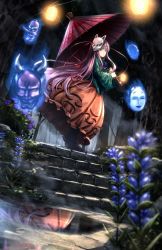 Rule 34 | 1girl, boots, dress, flower, forest, fox mask, hata no kokoro, highres, lamp, long hair, mask, nature, pink eyes, pink hair, puddle, ryosios, solo, touhou, umbrella, unworn mask, water
