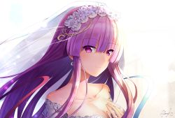 Rule 34 | 1girl, bare shoulders, blush, breasts, bridal veil, cleavage, collarbone, commentary request, dress, flower, hair flower, hair ornament, hand on own chest, large breasts, light blush, light smile, long hair, patchouli knowledge, purple eyes, purple flower, purple hair, purple wedding dress, sea scorpion (umisasori), solo, strapless, strapless dress, touhou, veil, wedding dress