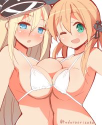 Rule 34 | 10s, 2girls, 9law, anchor hair ornament, bad id, bad pixiv id, between breasts, bikini, bismarck (kancolle), blonde hair, blue eyes, blush, breast press, breasts, green eyes, hair ornament, halterneck, hat, kantai collection, large breasts, long hair, looking at viewer, multiple girls, one eye closed, open mouth, peaked cap, prinz eugen (kancolle), swimsuit, symmetrical docking, twintails, twitter username, white bikini