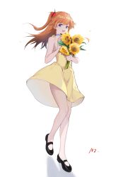 Rule 34 | 1girl, absurdres, artist request, bare arms, bare legs, bare shoulders, blue choker, blue eyes, breasts, brown hair, choker, cleavage, clothes lift, dress, dress lift, flower, full body, hair between eyes, highres, interface headset, long hair, looking at viewer, neon genesis evangelion, open mouth, shiny skin, smile, solo, souryuu asuka langley, sundress, sunflower, twintails, two side up, wide hips, wind, yellow dress