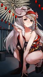 Rule 34 | 1girl, absurdres, arm between legs, bare shoulders, blush stickers, brown eyes, commentary request, fireworks, flat chest, flower, fox mask, full body, fur (clothing), g11 (girls&#039; frontline), g11 (lucky rat&#039;s lazy spring) (girls&#039; frontline), girls&#039; frontline, grey hair, hair flower, hair ornament, highres, holding, holding smoking pipe, japanese clothes, jizhi shaojiu, kimono, kiseru, long hair, looking at viewer, mask, mask on head, night, official alternate costume, outdoors, platform clogs, platform footwear, sandals, smoking pipe, socks, solo, squatting, tabi