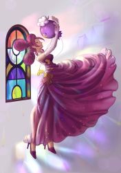 Rule 34 | 1girl, absurdres, arms up, closed mouth, colored eyelashes, commentary request, creatures (company), dress, drifloon, elbow gloves, eyelashes, fantina (pokemon), flowing dress (dq), game freak, gen 4 pokemon, gloves, gym leader, high heels, highres, holding, holding pokemon, kihiro (pixiv15798613), lipstick, long hair, looking up, makeup, nintendo, pink lips, pokemon, pokemon (creature), pokemon dppt, purple dress, purple footwear, purple hair, quad tails, stained glass